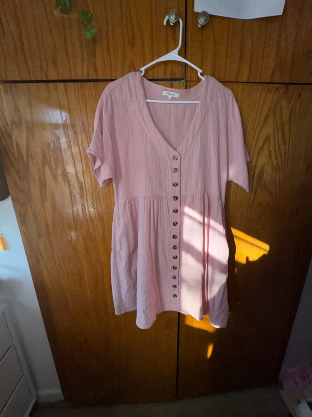Madewell Pink Button-Front V-Neck Tunic Cotton Dress
